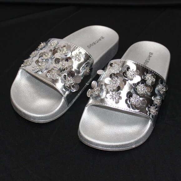 BAMBOO Shoes - Bamboo Silver Slides with Floral Embellishments